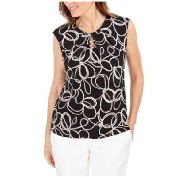 Size PS Kasper Petite Rope-Print Keyhole Blouse - Picture 1 of 1